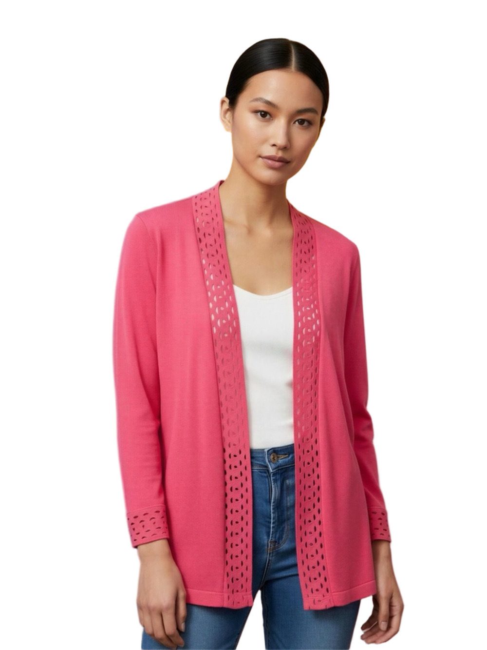 Charter Club Hot Pink Laser Cut Trim Open Front Cardigan Sweater Size XL